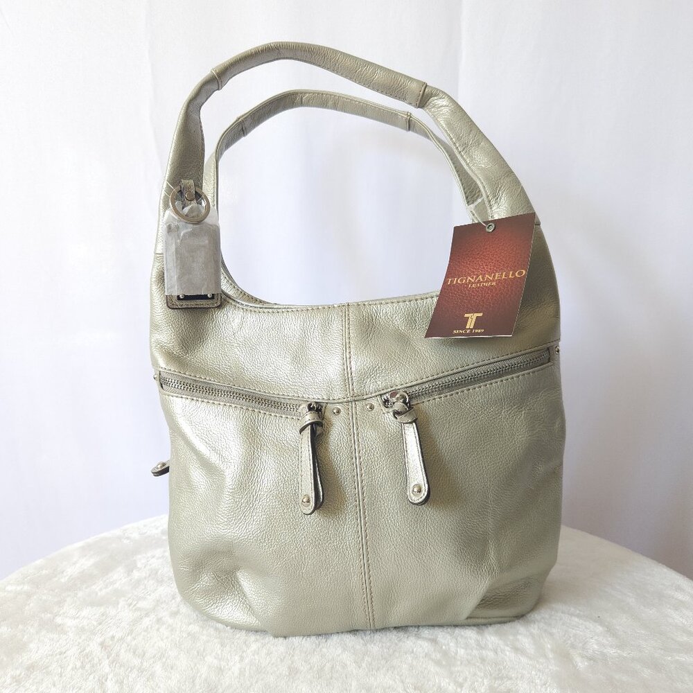 NWT Tignanello Silver Metallic Pebble Leather Hobo Bag w/ Key Ring & Card Holder
